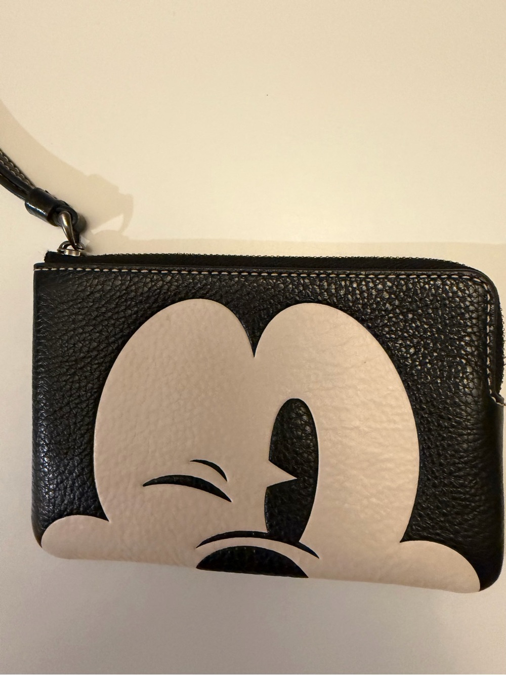 Disney x Coach Mickey Mouse Winking Face Pebbled Leather Wristlet Black White